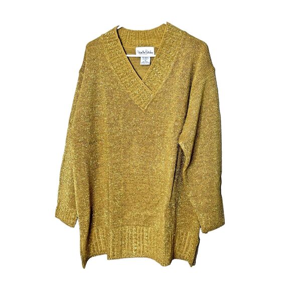Diane von Furstenberg Plus Size 1X Gold Yellow Metallic Tunic Sweater DVF V Neck - Picture 1 of 9